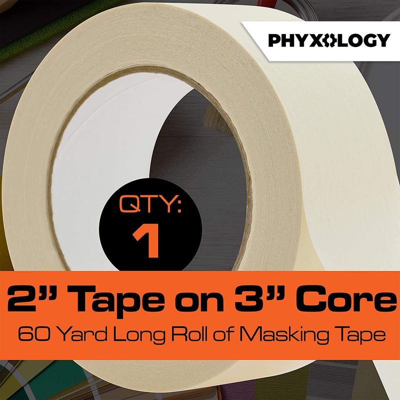 PHYXOLOGY SUPPLY شريط لاصق 2 بوصة 60 ياردة بدون بقايا 1 عبوة. شريط طلاء قابل للإزالة سهل التمزيق من الدرجة الاحترافية رائع للاستخدام في المنزل أو المكتب أو المقاولين التجاريين. طلاء نظيف بدون تسرب مع لفات ورق كريب عريضة. - Image 2